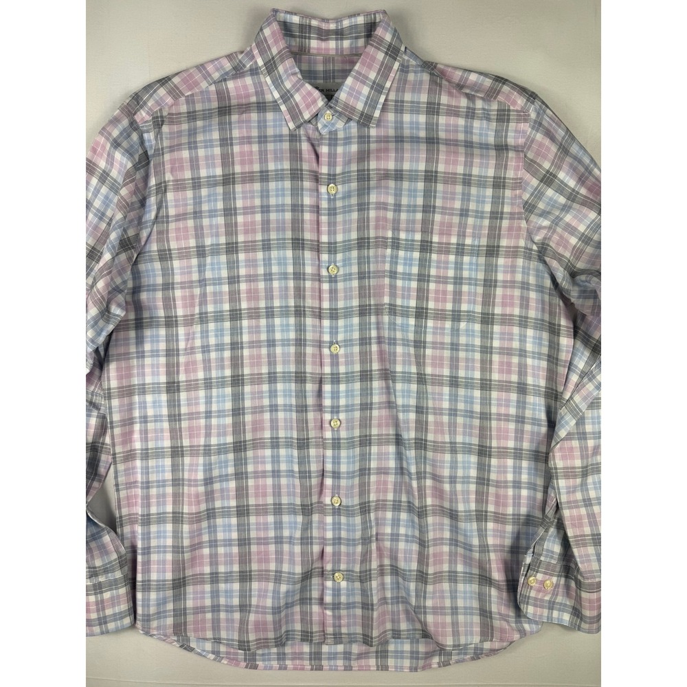 Peter Millar Button Down Shirt Large Pink Blue Grey Plaid Long Sleeve